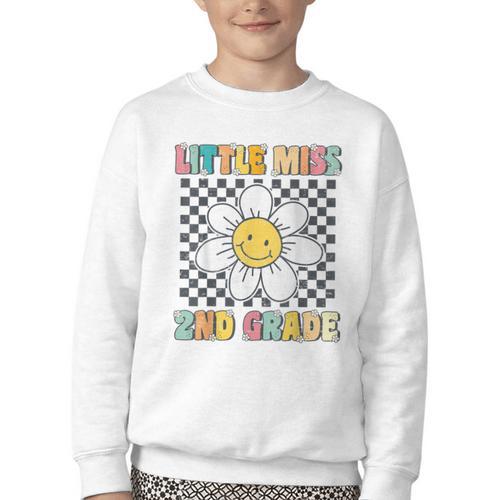 Little Miss 2nd Grade Retro Groovy 2nd Grade Back To School Youth Crewneck Sweatshirt - Savourry