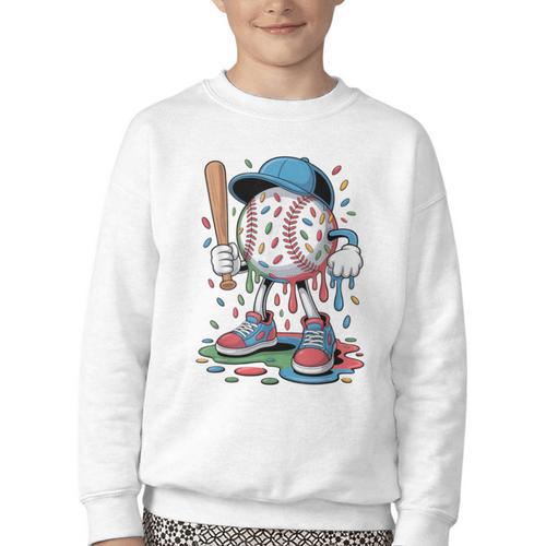 Melting Slime Sprinkle Baseball Mascot With Bat Youth Crewneck Sweatshirt - Sportilla