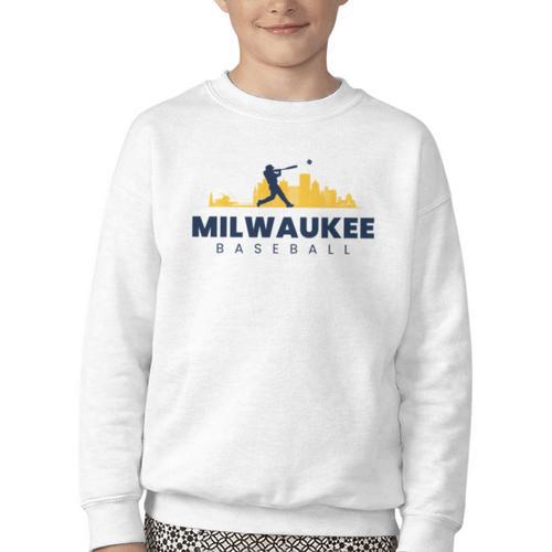 Milwaukee Baseball Minimalist City Skyline Baseball Lover Youth Crewneck Sweatshirt - Sportilla