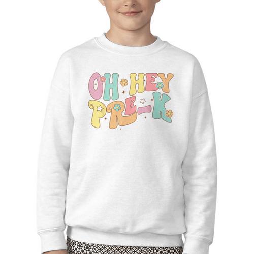 Oh Hey Pre-K Groovy Retro First Day Back To School Youth Crewneck Sweatshirt - Savourry
