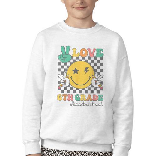 Peace Love 6th Grade Smile Face Back To School Sixth Grade Youth Crewneck Sweatshirt - Savourry