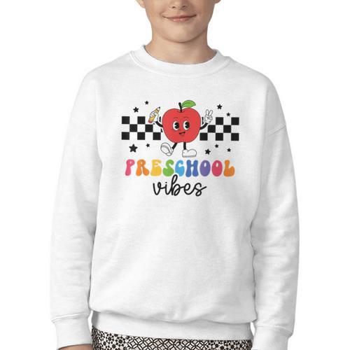 Preschool Vibes Retro Groovy Apple Back To School Youth Crewneck Sweatshirt - Savourry