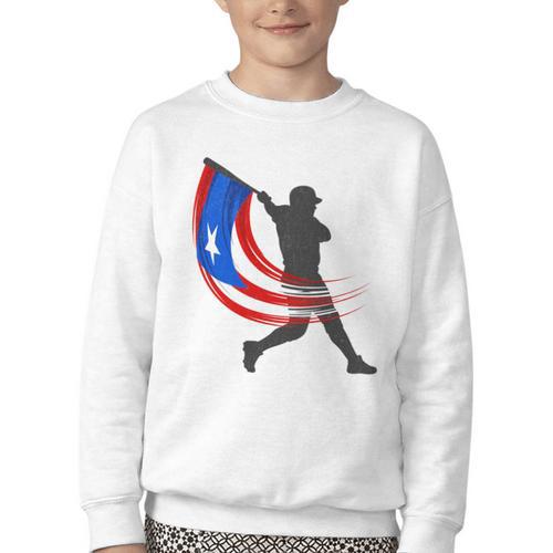 Puerto Rico Baseball Flag Player Boricua Heritage Sports Youth Crewneck Sweatshirt - Sportilla