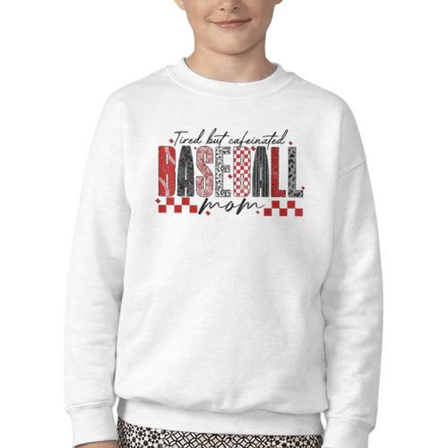 Retro Checkered Tired But Caffeinated Baseball Mom Leopard Youth Crewneck Sweatshirt - Sportilla