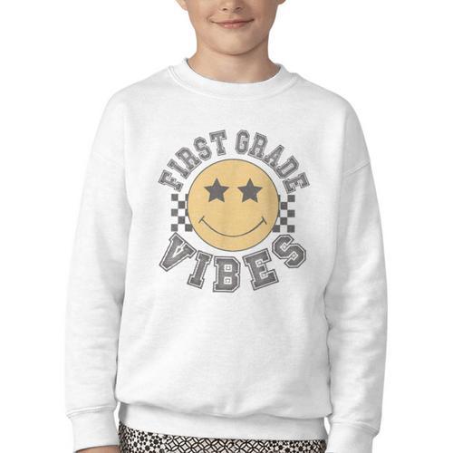 Retro First Grade Vibes Smile Face Back To School 1st Grade Youth Crewneck Sweatshirt - Savourry