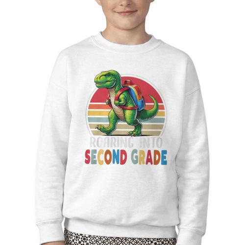 Roaring Into Second Grade T-Rex Back To School 2nd Grade Premium Tri-Blend Youth Crewneck Sweatshirt - Savourry