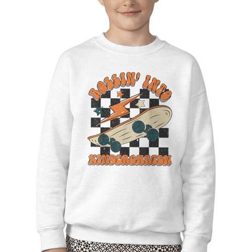Rolling Into Kindergarten Retro Groovy Back To School Kids Youth Crewneck Sweatshirt - Savourry