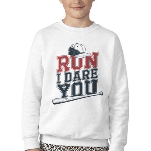 Run I Dare You Baseball Catcher Player Fan Youth Crewneck Sweatshirt - Sportilla