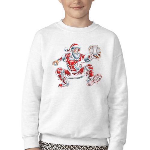 Santa Playing Baseball Catcher Merry Christmas Sport Player Youth Crewneck Sweatshirt - Sportilla