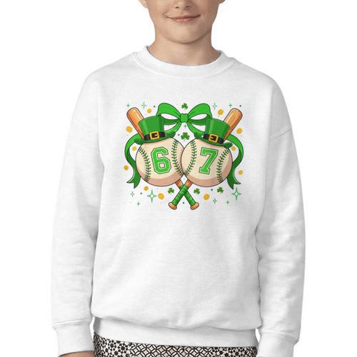 Six Seven 67 Meme Baseball Coquette Bow St Patrick's Day Youth Crewneck Sweatshirt - Sportilla