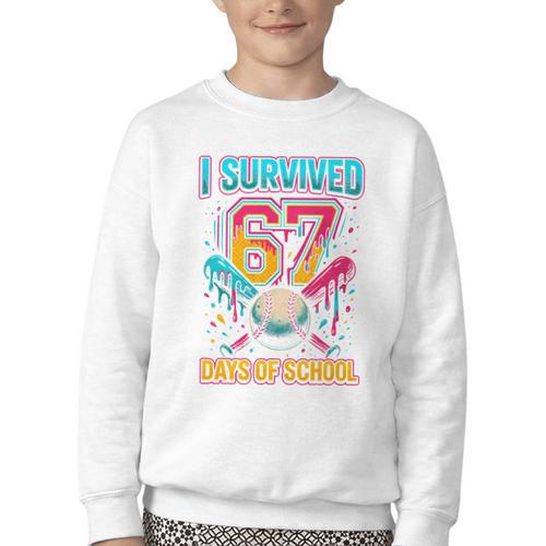 I Survived 67 Days Of School Baseball Drip Six Seven Meme Youth Crewneck Sweatshirt - Sportilla
