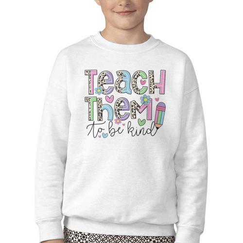 Teach Them To Be Kind Leopard Kindergarten Back To School Youth Crewneck Sweatshirt - Savourry