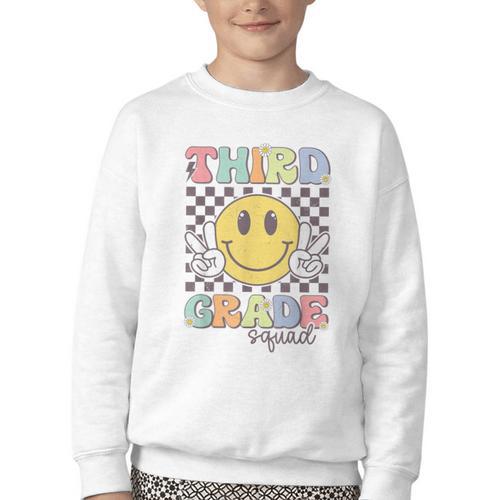 Third Grade Squad Smile Face 3rd Grade Back To School Youth Crewneck Sweatshirt - Savourry