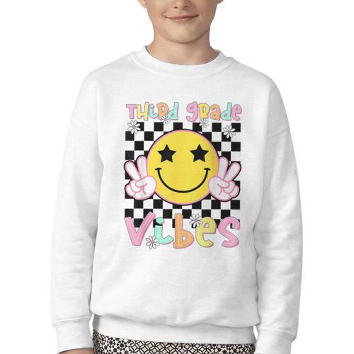 Third Grade Vibes Groovy Smile Face Back To School Girl Kid Youth Crewneck Sweatshirt - Savourry