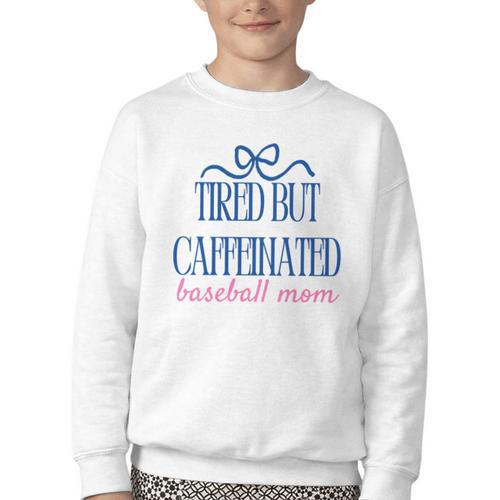 Tired But Caffeinated Baseball Mom Trendy Tired Baseball Mom Youth Crewneck Sweatshirt - Sportilla