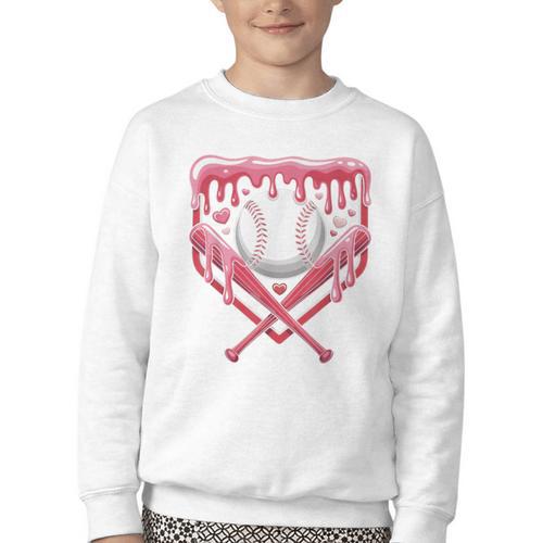 Valentines Baseball Boys Ice Cream Drip Heart Youth Kids Youth Crewneck Sweatshirt - Sportilla