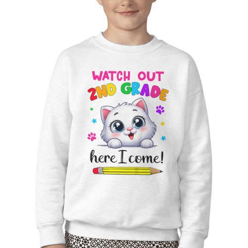 Watch Out 2nd Grade Here I Come Girls Cat Back To School Youth Crewneck Sweatshirt - Savourry