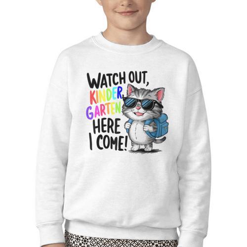 Watch Out Kindergarten Here I Come Cute Cat Back To School Youth Crewneck Sweatshirt - Savourry