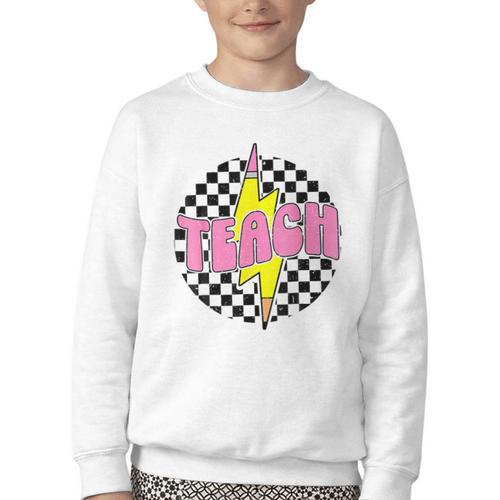 Women Checkered Teach Pencil Lightning Bolt Back To School Youth Crewneck Sweatshirt - Savourry