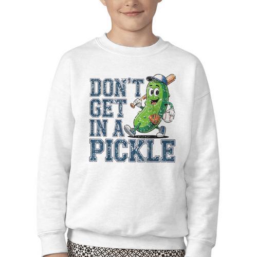 Youth Baseball Catcher Humor Don’t Get In A Pickle Youth Crewneck Sweatshirt - Sportilla