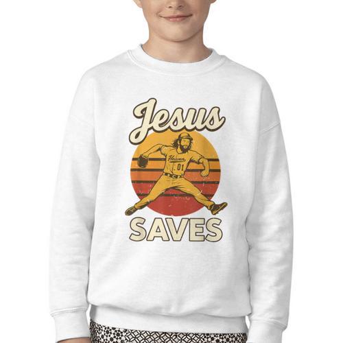 Youth Boy Baseball Jesus Saves Christian Baseball Religious Youth Crewneck Sweatshirt - Sportilla