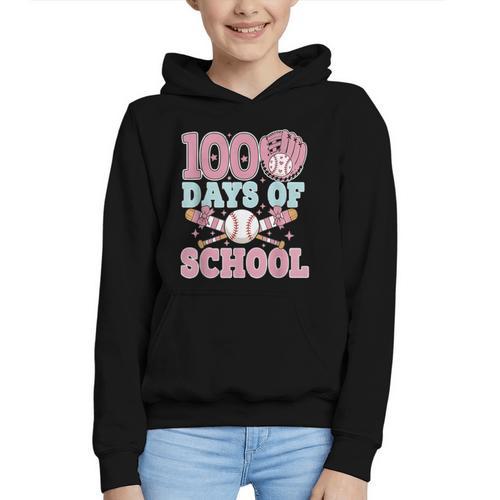 100 Days Of School Baseball 100th Day Of School Girls Graphic Youth Hoodie - Sportilla