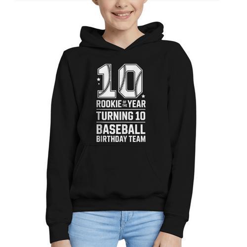 10th Birthday Rookie Of The Year Baseball Double Digit Humor Graphic Youth Hoodie - Sportilla