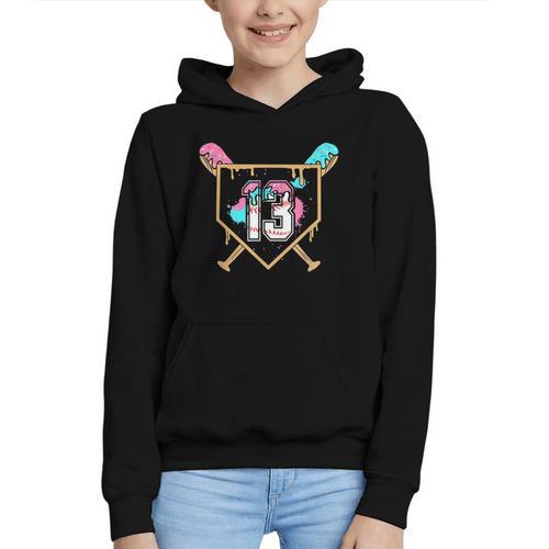 13th Birthday Baseball Bat Ice-Cream Drip 13yrs Old Boy Kid Graphic Youth Hoodie - Sportilla