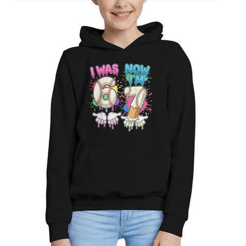 I Was 6 Now I'm 7 Baseball Drip 67 Birthday Boy 7th Birthday Graphic Youth Hoodie - Sportilla