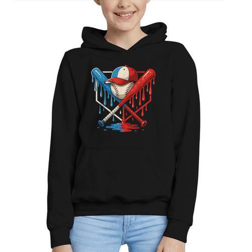 American Baseball Drip Graffiti Ball And Bat Graphic Youth Hoodie - Sportilla