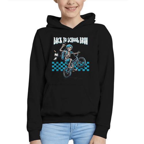 Back To School Bruh Boy Skeleton Riding On a BMX Bike Graphic Youth Hoodie - Savourry