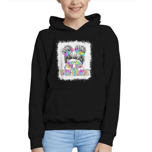 Back To School Hello 5th Grade Cute Messy Bun Tie Dye Girls Graphic Youth Hoodie - Savourry