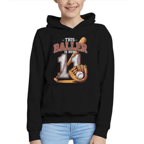 This Baller Is Now 11 Year Baseball Player 11th Birthday Boy Graphic Youth Hoodie - Sportilla