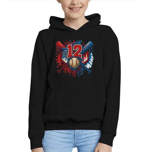 Baseball 12 Year Old Splash Drip 12th Birthday Boy Number 12 Graphic Youth Hoodie - Sportilla