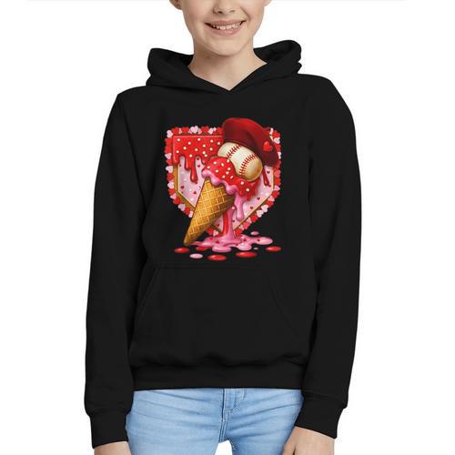 Baseball Heart Valentine Baseball Ice Cream Drip Boys Girls Graphic Youth Hoodie - Sportilla