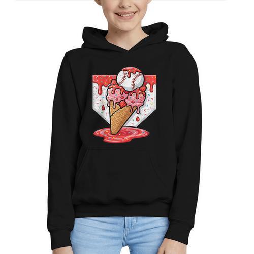 Baseball Ice Cream Drip Baseball Strawberry For Youth Red Graphic Youth Hoodie - Sportilla