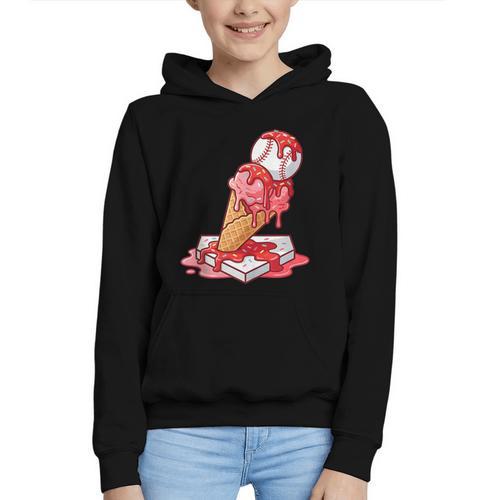 Baseball Ice Cream Drip Youth Strawberry Baseball Red Graphic Youth Hoodie - Sportilla