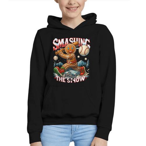 Baseball Player Christmas Gingerbread Smashing Through Snow Graphic Youth Hoodie - Sportilla