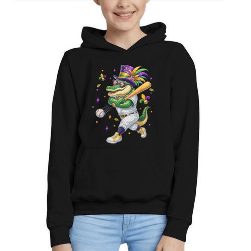 Baseball Player Mardi Gras Alligator Carnival Costume Beads Graphic Youth Hoodie - Sportilla