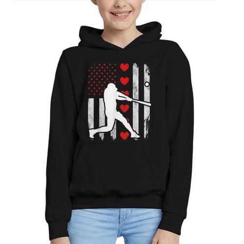 Baseball Silhouette Heart USA Flag Hearts American Boys Kids Graphic Youth Hoodie - Sportilla