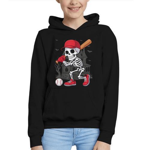 Baseball Skeleton Halloween Playing Graphic Youth Hoodie - Sportilla