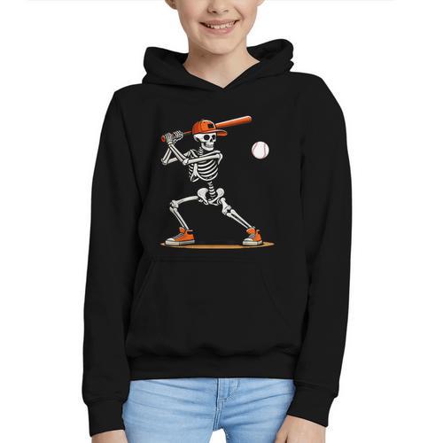 Baseball Skeleton Spooky Boys Halloween Baseball Player Graphic Youth Hoodie - Sportilla