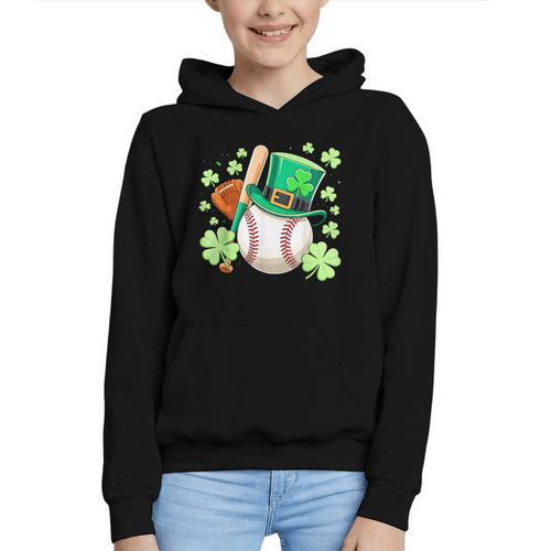 Baseball St Patricks Day Lucky Baseball Player Shamrock Graphic Youth Hoodie - Sportilla