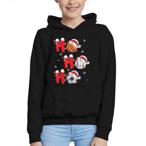 Basketball Baseball Soccer Christmas Ho Ho Ho Santa Xmas Graphic Youth Hoodie - Sportilla
