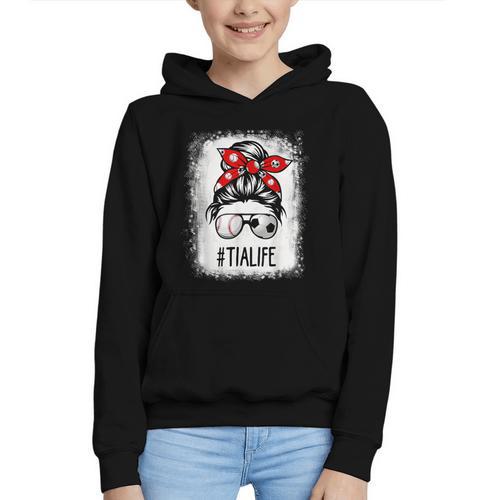Bleached Tia Life Soccer Messy Bun Baseball Game Day Graphic Youth Hoodie - Sportilla