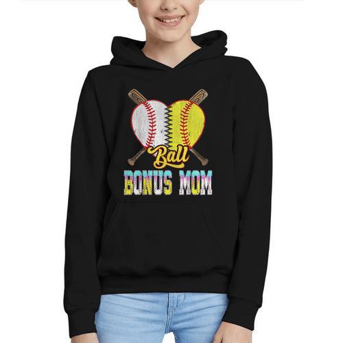 Bonus Mom Of Both Half Baseball Softball Ice Cream Drip Graphic Youth Hoodie - Sportilla