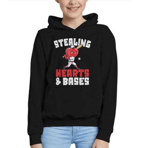 Boys Baseball Valentines Shirt Sterling Hearts Baseball Graphic Youth Hoodie - Sportilla