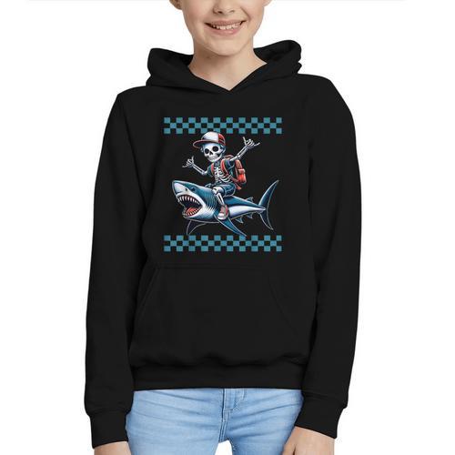 Boys Skeleton Riding a Shark Back To School Graphic Youth Hoodie - Savourry