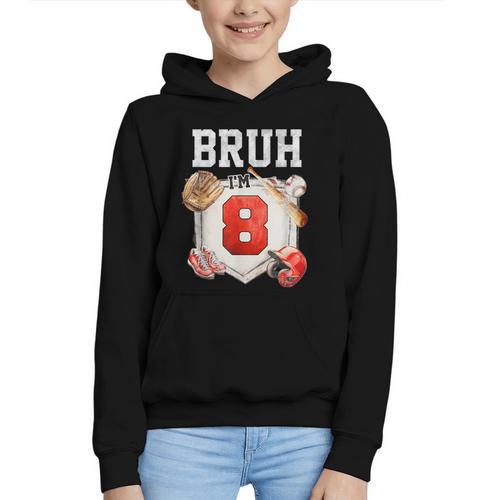 Bruh I'm 8 Baseball 8th Birthday Sports 8 Year Old Boy Graphic Youth Hoodie - Sportilla