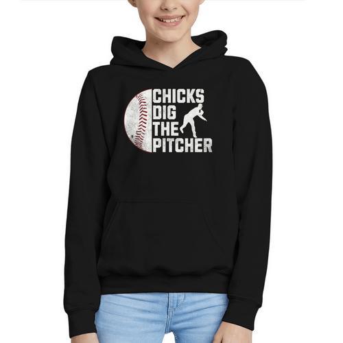 Chicks Dig The Pitcher Baseball Graphic Youth Hoodie - Sportilla